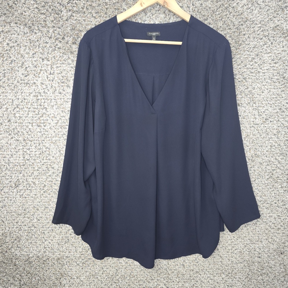 Talbots Top‎ Womens Plus 2X Blue V Neck Sheer Long Sleeve Blouse Casual Ladies